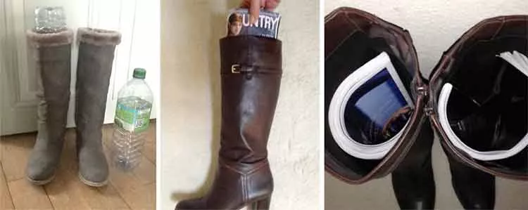 Faire tenir les bottes droites dans le placard, avec des bouteilles en plastique ou des magazines