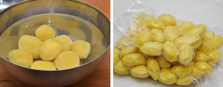 Pommes de terre épluchées conservées dans l'eau et préparées pour une conservation au congélateur