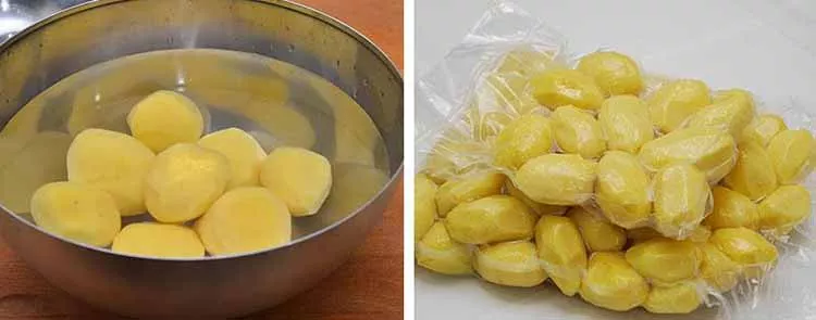 Pommes de terre épluchées conservées dans l'eau et préparées pour une conservation au congélateur